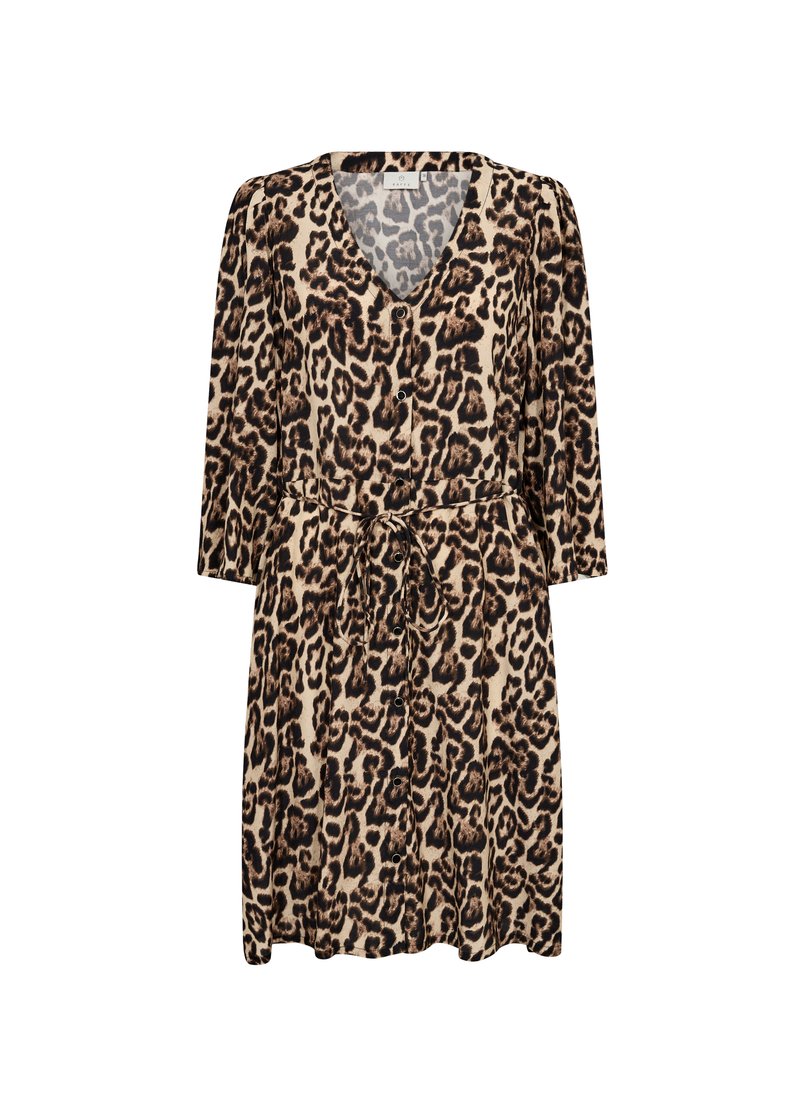 Leopardenmuster Kleid mit V-Ausschnitt, langen Ärmeln, einer Bindegürtel und Knopfleiste. Hergestellt aus einem weichen, strukturierten Stoff in Beige- und Brauntönen.