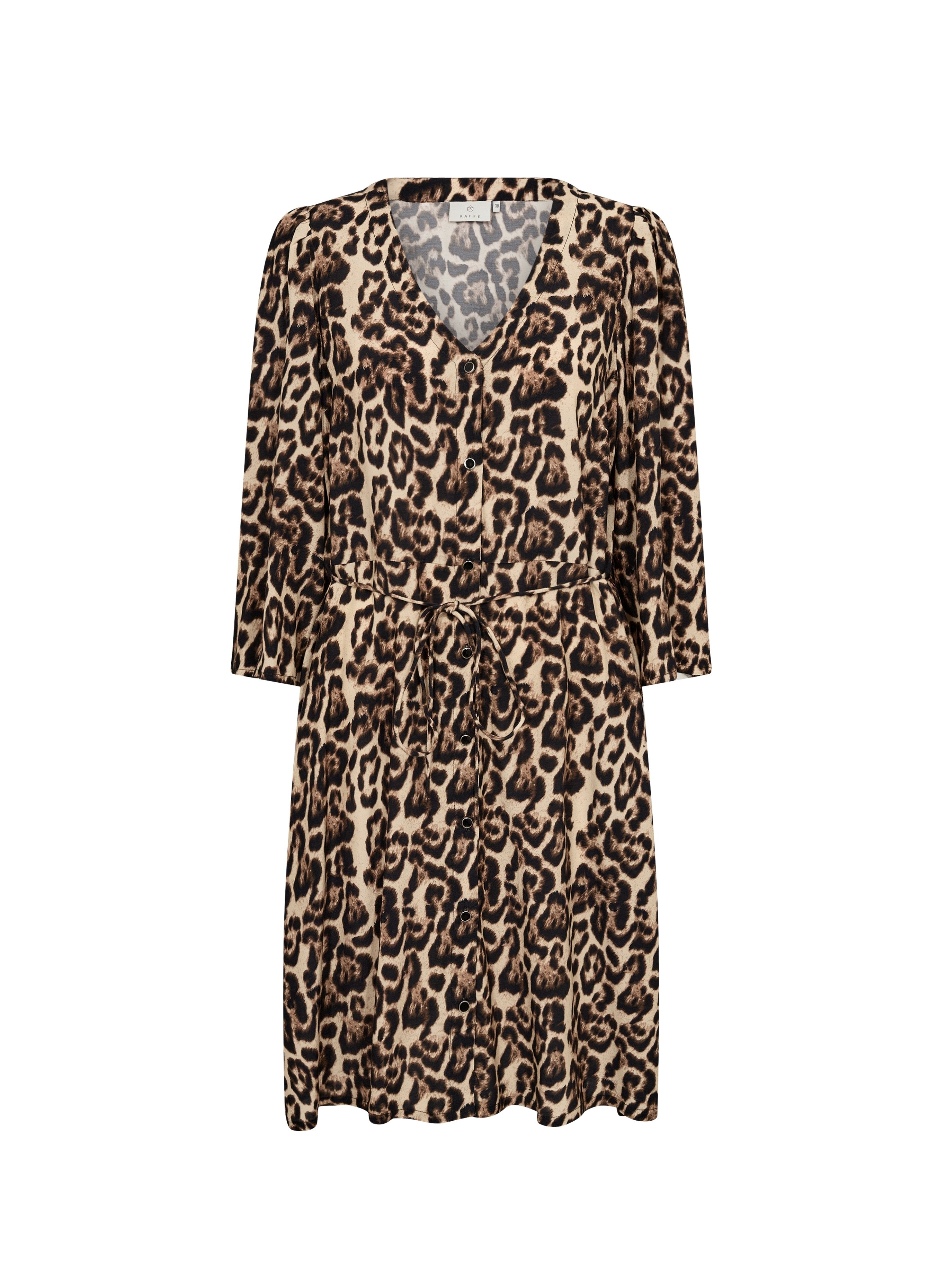Leopardenmuster Kleid mit V-Ausschnitt, langen Ärmeln, einer Bindegürtel und Knopfleiste. Hergestellt aus einem weichen, strukturierten Stoff in Beige- und Brauntönen.