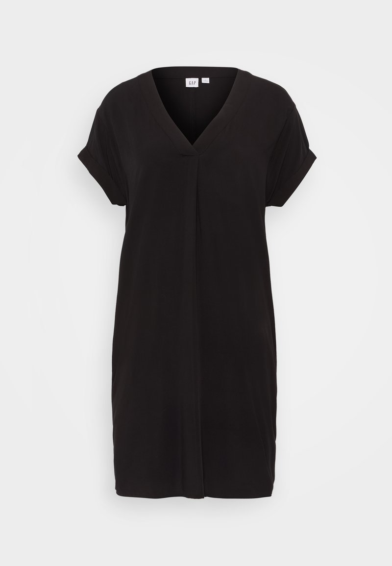 Schwarzes Kurzarmkleid mit V-Ausschnitt und lockerer Passform. Hergestellt aus glattem Stoff mit einem dezenten Glanz, mit einer zentralen Naht auf der Vorderseite.