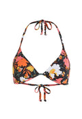 Blumenbikini-Oberteil mit dreieckigen Cups, schwarzem Hintergrund und mehrfarbigen Blumen in Pink, Orange und Gelb. Bindebänder am Hals und Rücken.