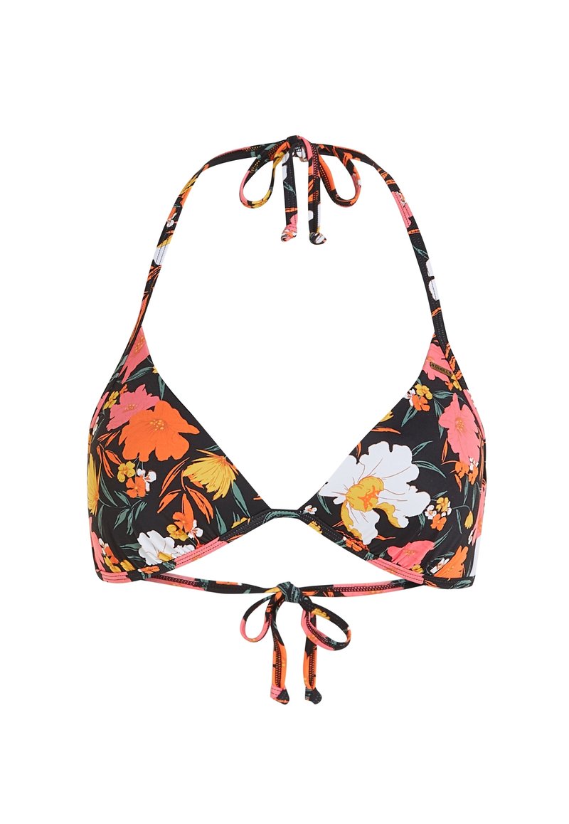 Blumenbikini-Oberteil mit dreieckigen Cups, schwarzem Hintergrund und mehrfarbigen Blumen in Pink, Orange und Gelb. Bindebänder am Hals und Rücken.