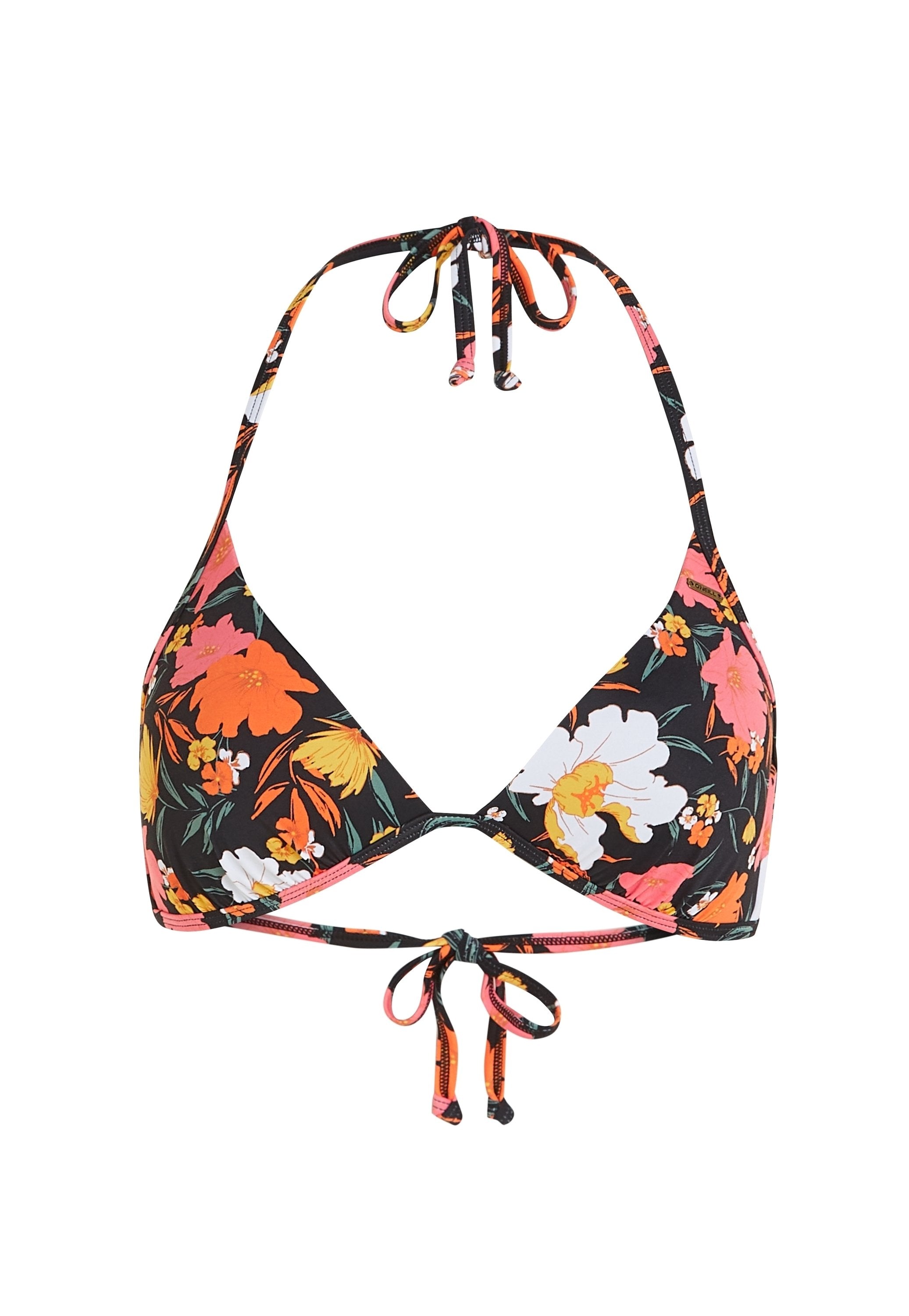 Blumenbikini-Oberteil mit dreieckigen Cups, schwarzem Hintergrund und mehrfarbigen Blumen in Pink, Orange und Gelb. Bindebänder am Hals und Rücken.