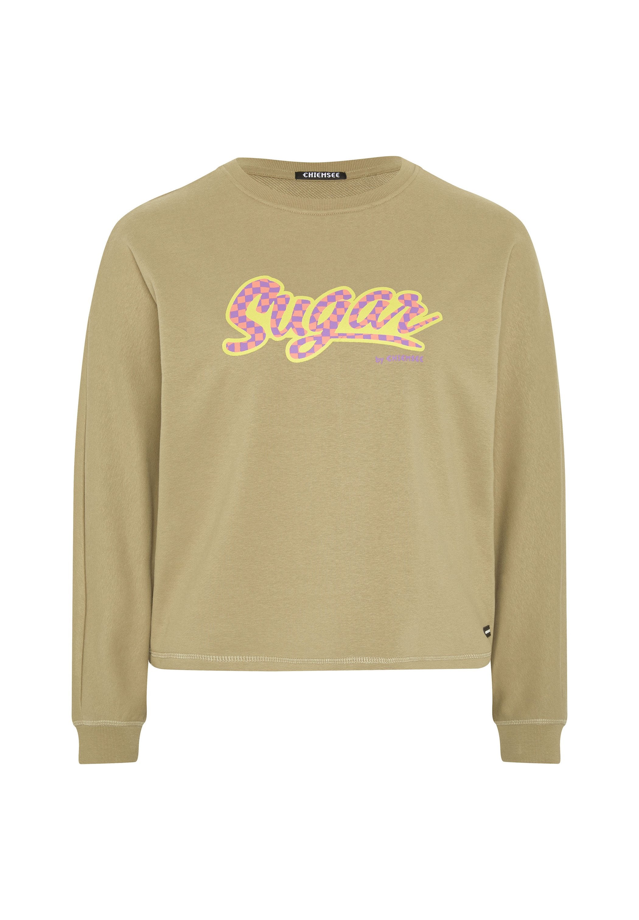 Olivgrüner langärmeliger Sweatshirt mit "Sugar"-Grafik im pink- und gelbkarierten Muster. Rundhalsausschnitt und leicht verkürztes Design.