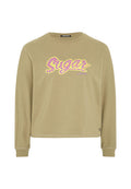 Olivgrüner langärmeliger Sweatshirt mit "Sugar"-Grafik im pink- und gelbkarierten Muster. Rundhalsausschnitt und leicht verkürztes Design.