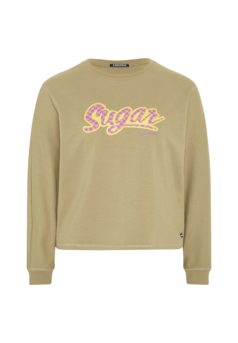 Olivgrüner langärmeliger Sweatshirt mit "Sugar"-Grafik im pink- und gelbkarierten Muster. Rundhalsausschnitt und leicht verkürztes Design.