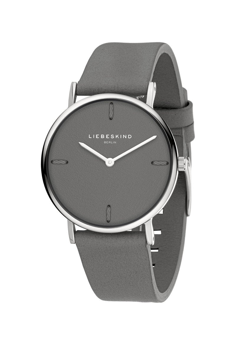 Runde Silberuhr mit grauem Ziffernblatt und passendem Lederarmband. Verfügt über einfache Stundenmarkierungen und silberne Zeiger. Minimalistisches Design.