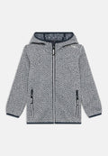 Kapuzensweatshirt mit schwarzem und weißem Fischgrätenmuster. Verfügt über einen durchgehenden Reißverschluss, zwei Reißverschlusstaschen und marineblaue Abschlüsse. Weiche Stoffstruktur.