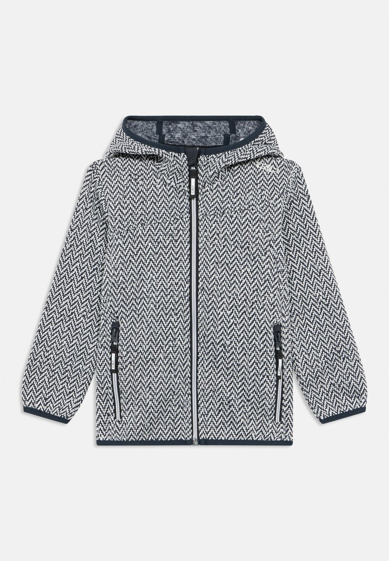 Kapuzensweatshirt mit schwarzem und weißem Fischgrätenmuster. Verfügt über einen durchgehenden Reißverschluss, zwei Reißverschlusstaschen und marineblaue Abschlüsse. Weiche Stoffstruktur.