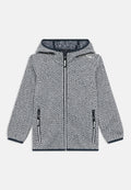 Kapuzensweatshirt mit schwarzem und weißem Fischgrätenmuster. Verfügt über einen durchgehenden Reißverschluss, zwei Reißverschlusstaschen und marineblaue Abschlüsse. Weiche Stoffstruktur.