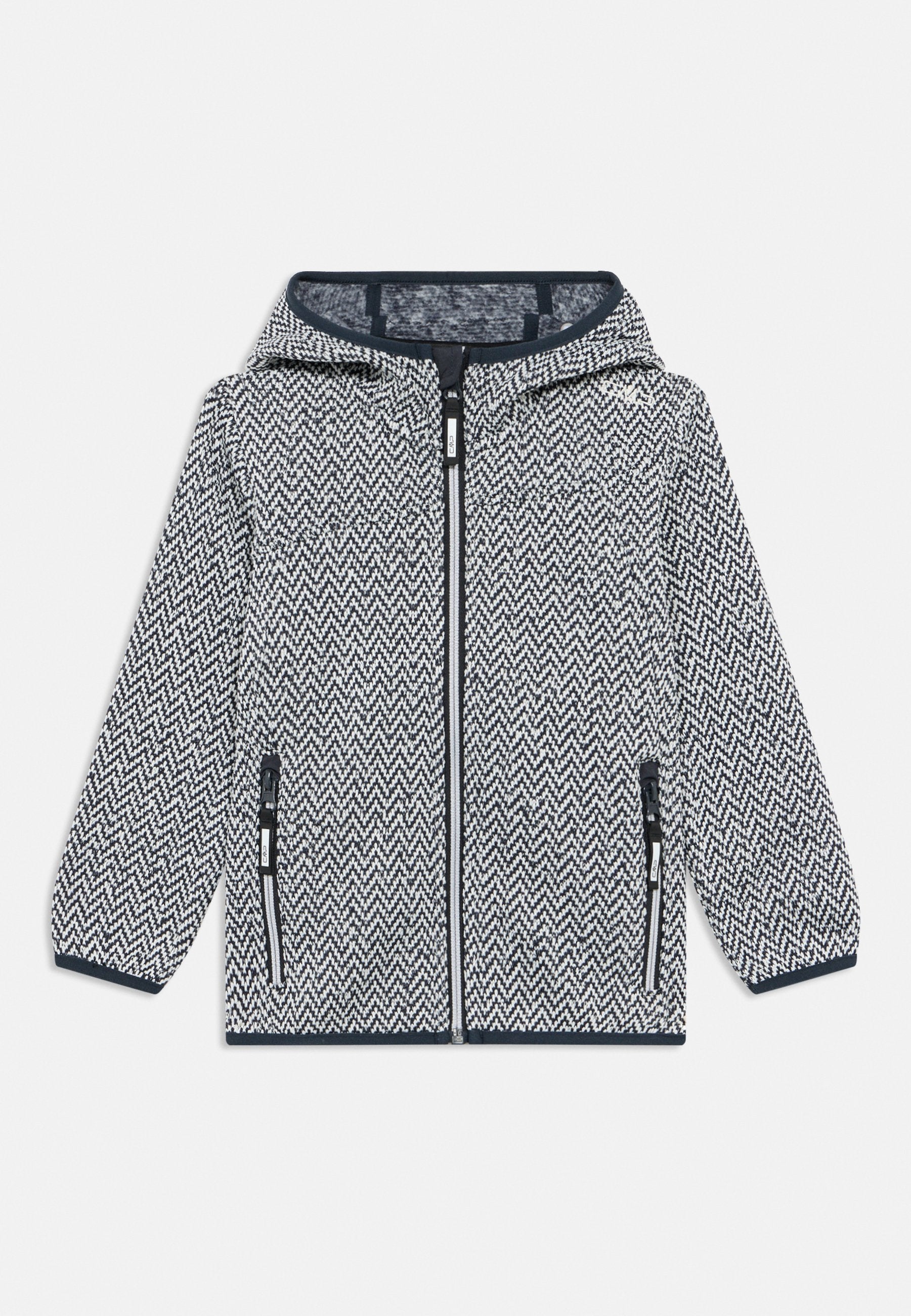 Kapuzensweatshirt mit schwarzem und weißem Fischgrätenmuster. Verfügt über einen durchgehenden Reißverschluss, zwei Reißverschlusstaschen und marineblaue Abschlüsse. Weiche Stoffstruktur.