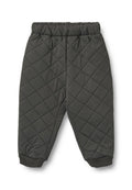 Gepolsterte dunkelgraue Hose mit elastischem Bund, gerippten Bündchen und Rautenmuster auf einem glatten Stoff. Entworfen für Wärme und Komfort.