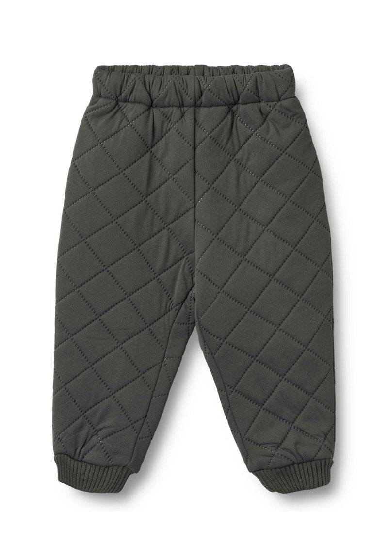 Gepolsterte dunkelgraue Hose mit elastischem Bund, gerippten Bündchen und Rautenmuster auf einem glatten Stoff. Entworfen für Wärme und Komfort.