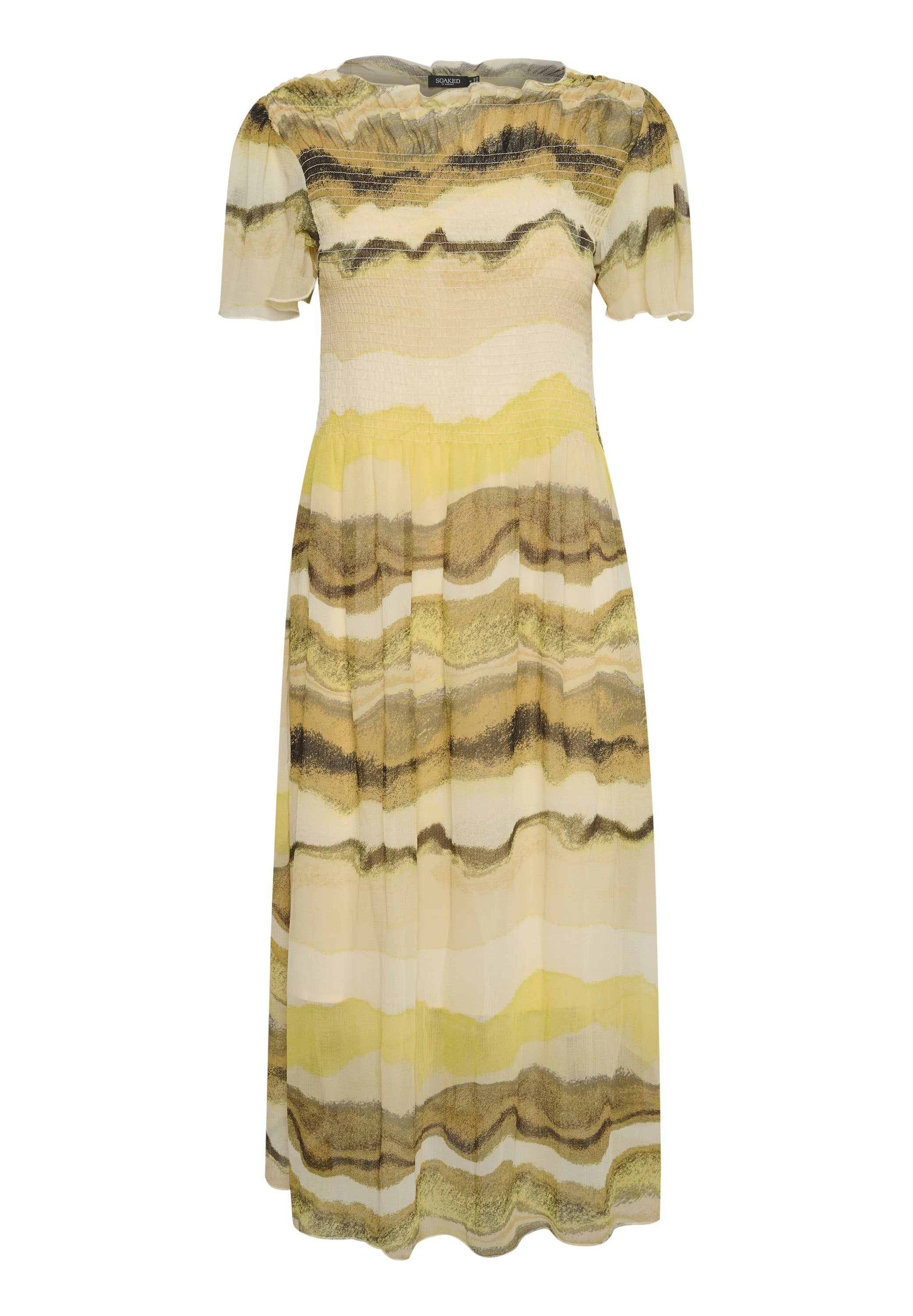 Fluides Midi-Kleid aus leichtem Stoff mit wellenförmigem Muster in Gelb-, Grün- und Brauntönen; mit kurzen Ärmeln und gerafftem Oberteil.