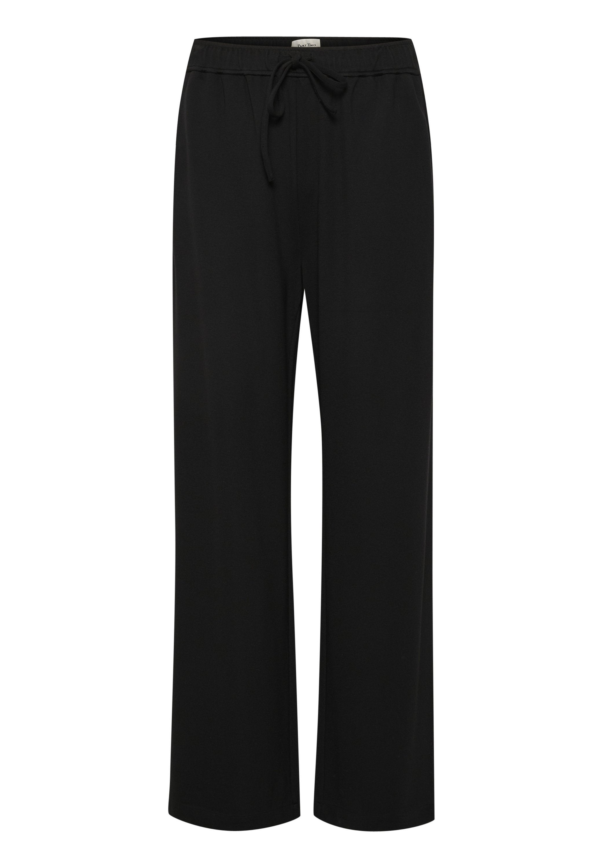 Schwarze weit geschnittene Hose aus weichem, dehnbarem Material. Sie hat einen elastischen Bund mit Kordelzug. Einfaches Design, keine Muster oder Akzente.