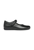 Schwarze Mary Jane Schuhe aus glattem Leder, mit einem Klettverschluss, runder Zehenpartie und dekorativer Stickerei im Obermaterial. Flache Gummisohle.