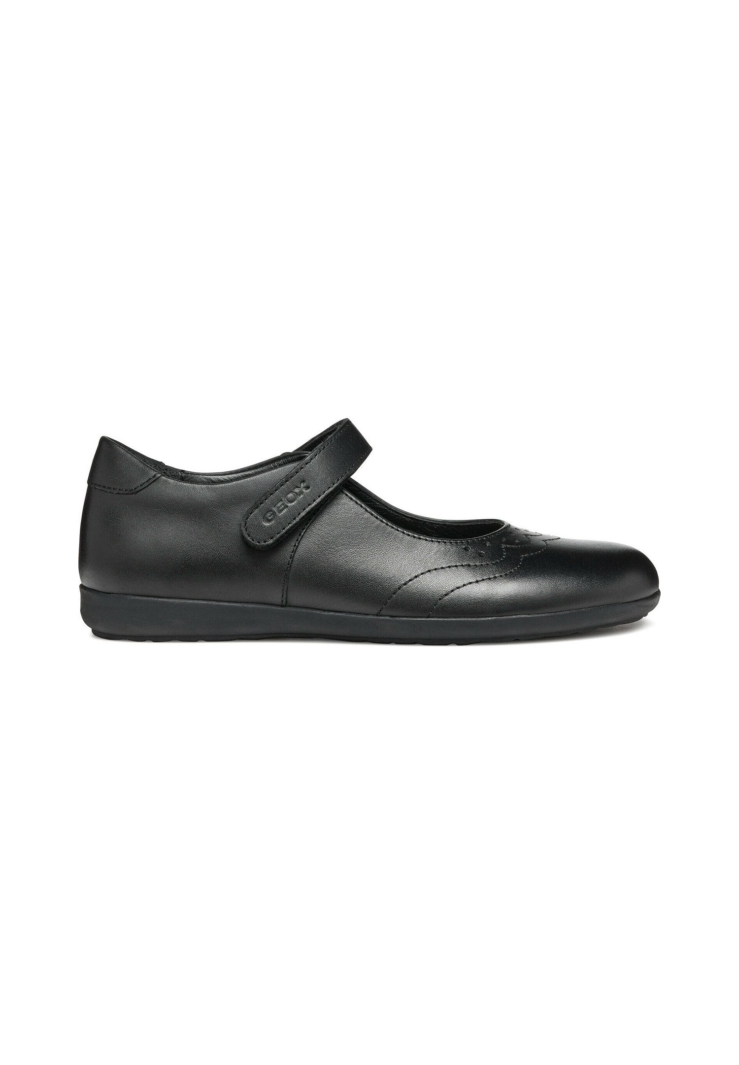 Schwarze Mary Jane Schuhe aus glattem Leder, mit einem Klettverschluss, runder Zehenpartie und dekorativer Stickerei im Obermaterial. Flache Gummisohle.
