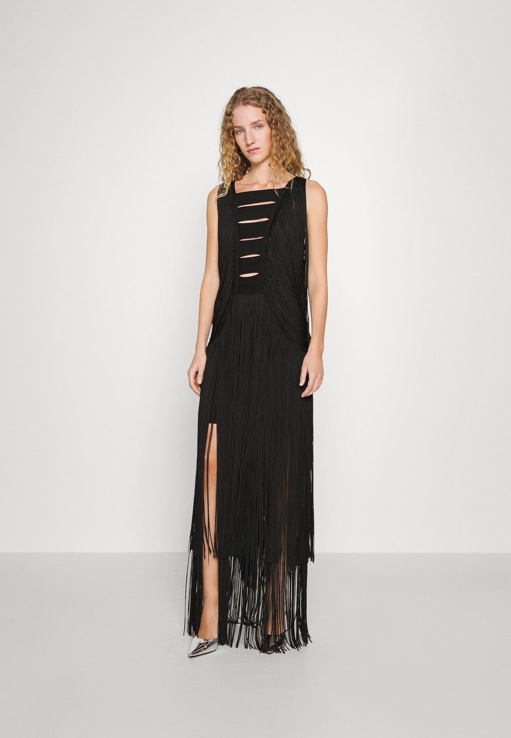 Hervé Léger DRAPED FRINGE PLUNGING GOWN