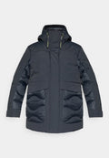 Gepolsterte dunkelgraue Jacke mit Kapuze, ausgestattet mit Reißverschlusstaschen, strukturierten Ärmeln und verstellbarem Kordelzug am Hals.