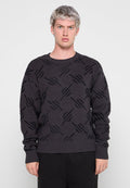 Dunkelgrauer Pullover mit einem strukturierten Muster aus kreisförmigen Formen. Gerippte Bündchen und Saum, aus einem weichen Strickmaterial gefertigt. Einfaches Rundhalsdesign.