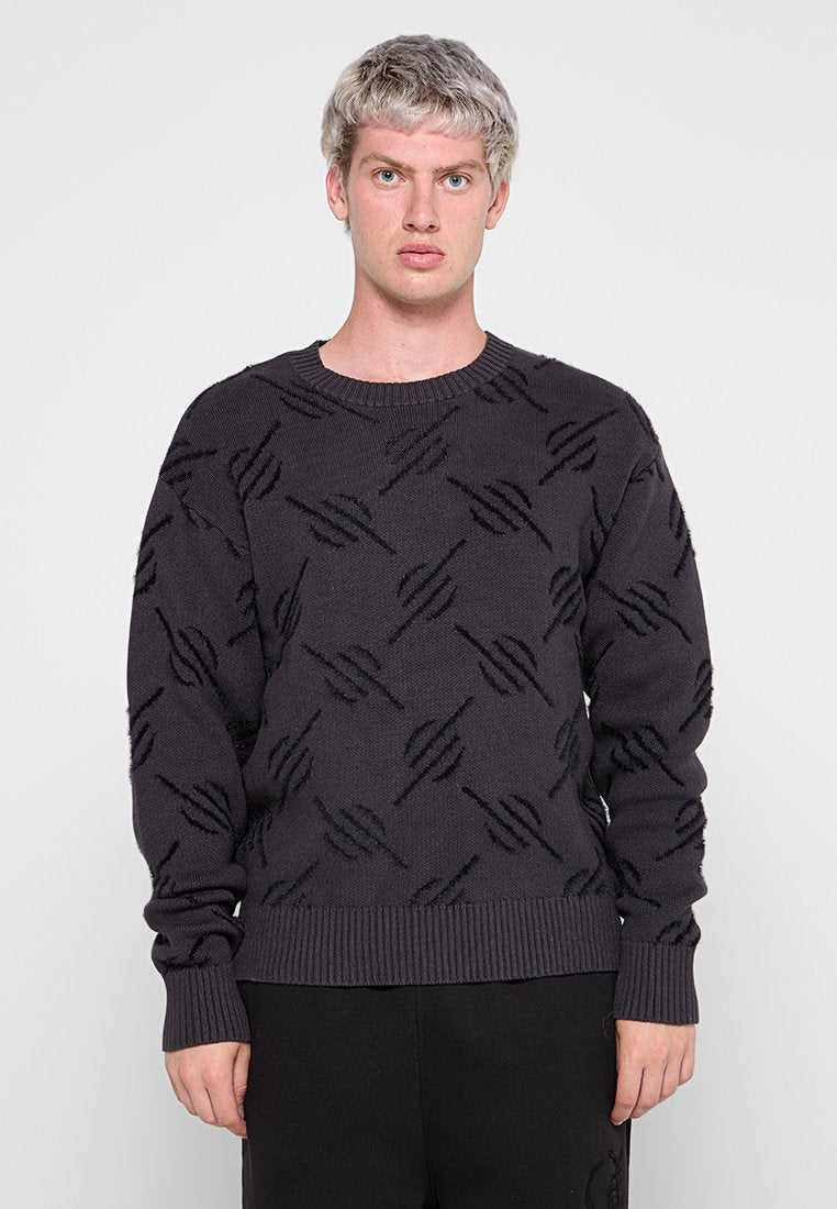 Dunkelgrauer Pullover mit einem strukturierten Muster aus kreisförmigen Formen. Gerippte Bündchen und Saum, aus einem weichen Strickmaterial gefertigt. Einfaches Rundhalsdesign.