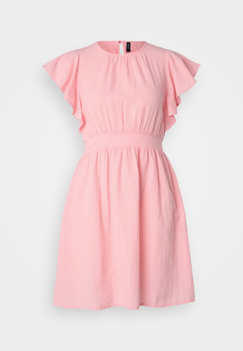 Rotes kurzes Kleid mit schwingenden Ärmeln, rundem Ausschnitt, tailliertem Schnitt und fließendem Rock. Hergestellt aus leichtem, strukturiertem Stoff.