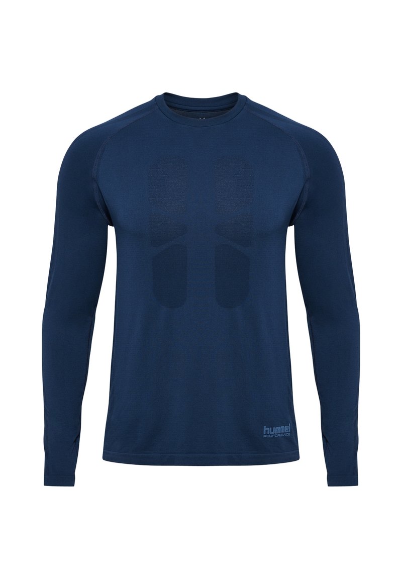 Marineblaues Langarm-Performance-Shirt mit strukturiertem Muster auf der Brust und "hummel performance" Logo am unteren Saum.