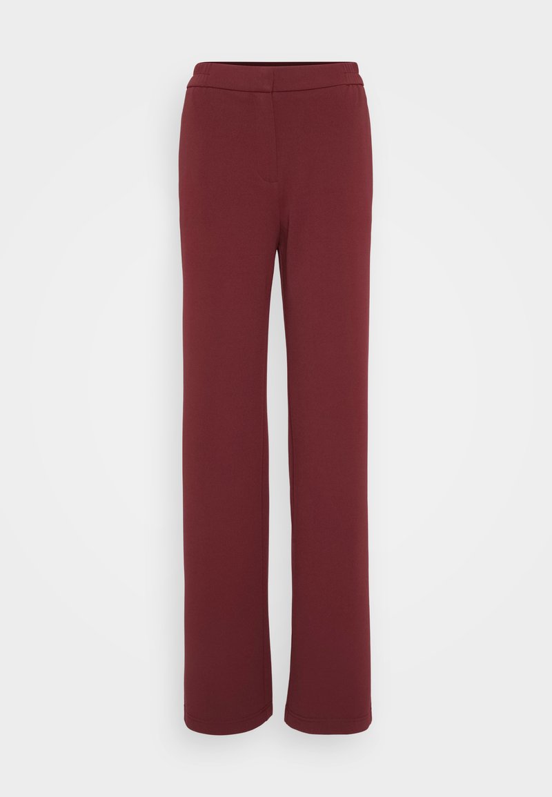 Burgunderfarbene, weit geschnittene Hosen aus weichem Stoff, mit einem elastischen Bund und einer glatten Textur, in gerader Silhouette und ohne sichtbare Taschen.