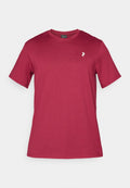 Bordeauxfarbendes Baumwoll-T-Shirt mit kurzen Ärmeln, Rundhalsausschnitt und kleinem weißen Logo auf der linken Brustseite. Weiche Textur und lässiges Design.