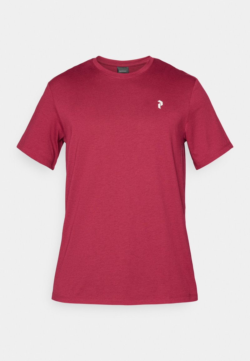 Bordeauxfarbendes Baumwoll-T-Shirt mit kurzen Ärmeln, Rundhalsausschnitt und kleinem weißen Logo auf der linken Brustseite. Weiche Textur und lässiges Design.