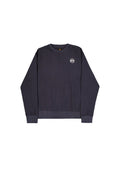 Langärmliges Sweatshirt aus navyblauem Waffelstrick mit gerippten Bündchen, Saum und einem kleinen weißen runden Logo auf der oberen linken Brust.