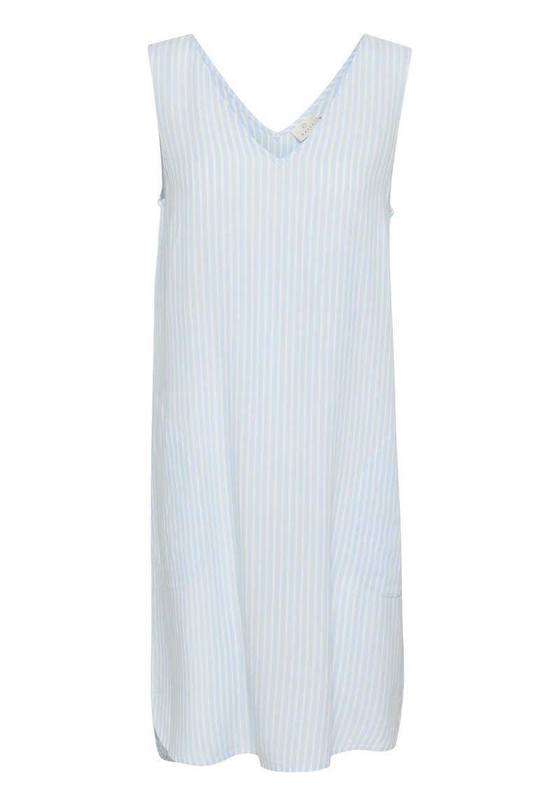Helles blaues, ärmelloses Kleid mit weißen senkrechten Streifen, V-Ausschnitt-Design, zwei seitliche Taschen und weicher Stoffoberfläche.