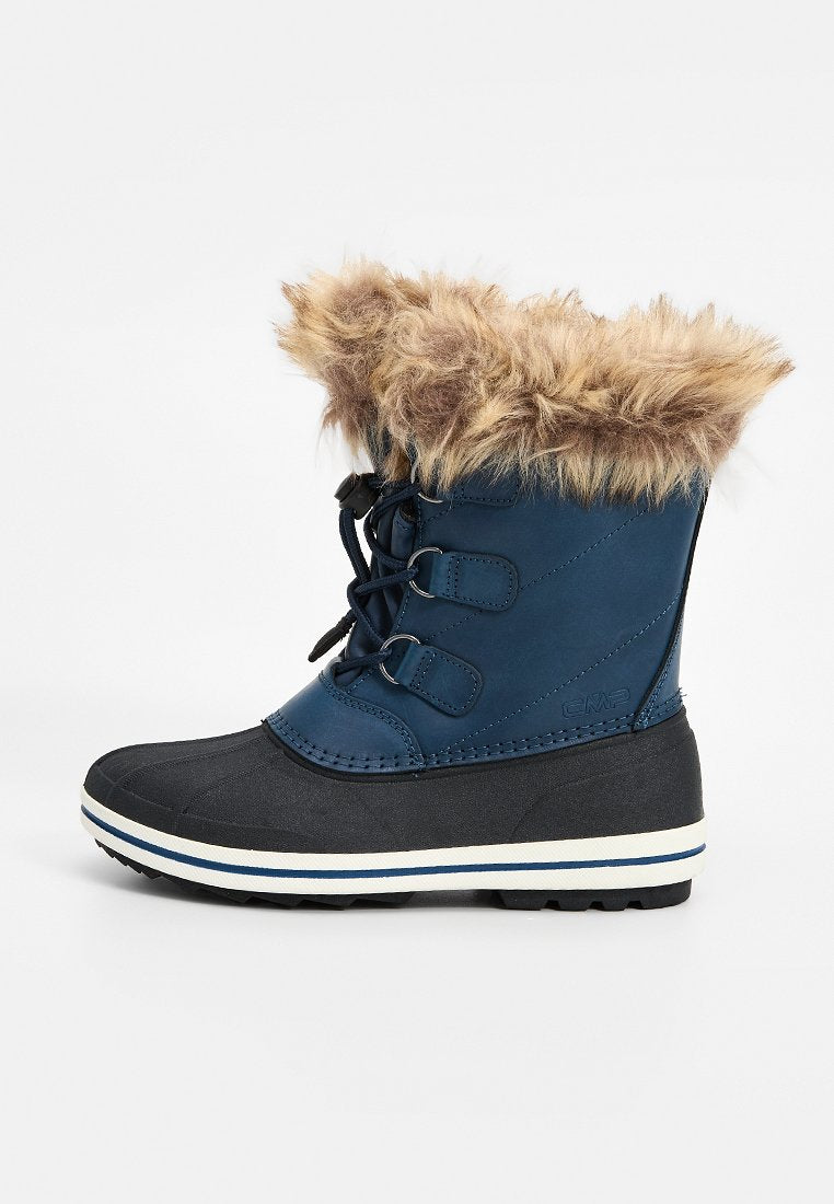Marineblaue Winterstiefel mit Kunstfellbesatz, Gummisohle und Schnürsystem. Verfügt über einen glatten Schaft und kontrastierende weiße Streifendetails.