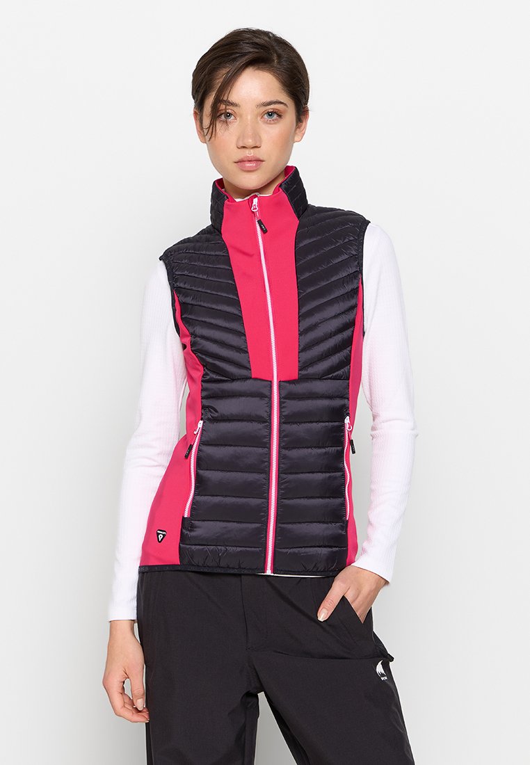 Gepolsterte Weste mit schwarzem Körper, leuchtend rosa Seiten und hohem Kragen. Verfügt über einen Reißverschluss vorne und zwei Seiten Taschen. Glatte Textur.