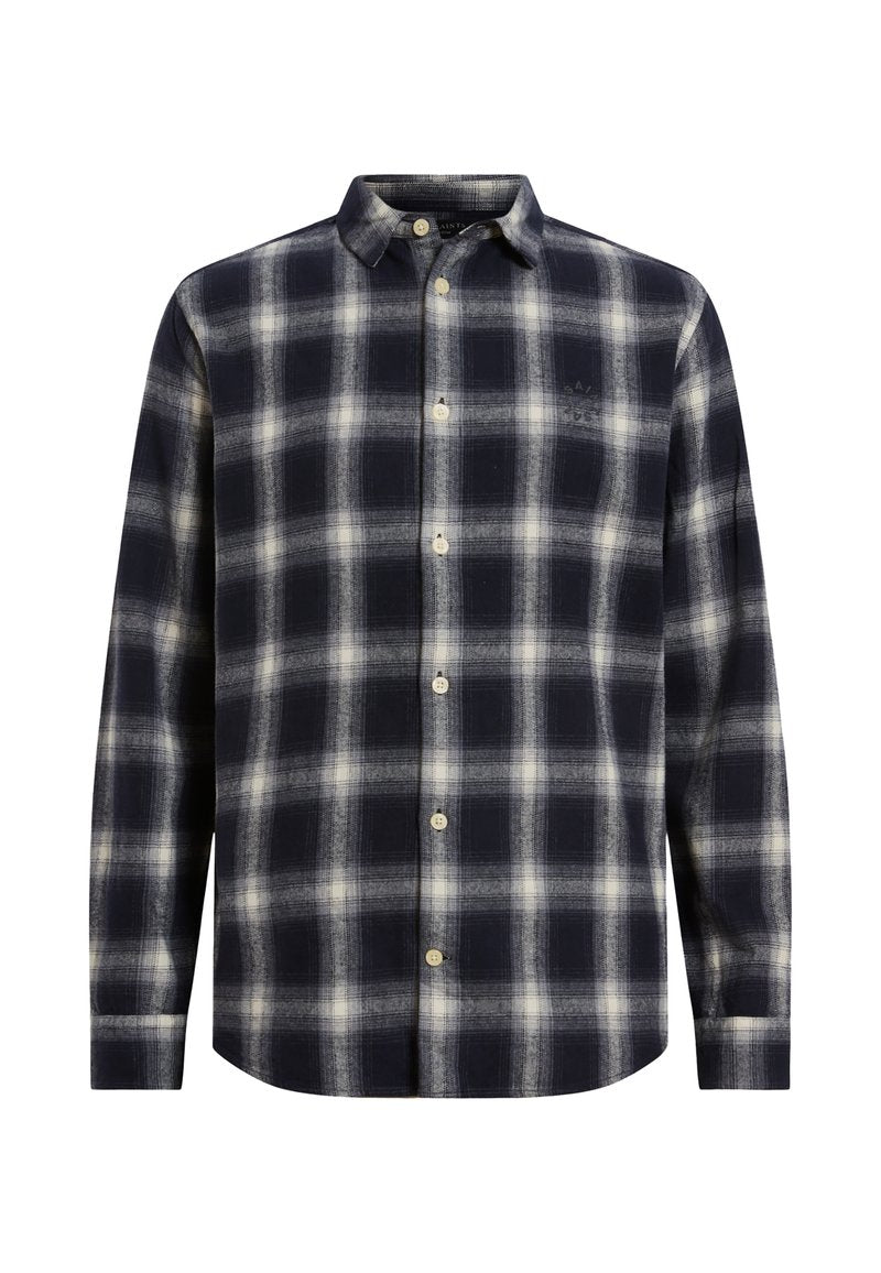 Marineblau und cremefarbener Karo-Flanellhemd mit Button-Down-Kragen, langen Ärmeln und beigen Knöpfen; zeichnet sich durch eine weiche Textur und eine strukturierte Form aus.