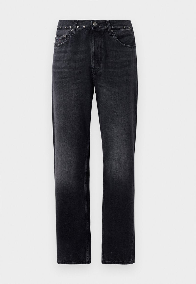 Schwarze Denim-Jeans mit geradem Schnitt, ausgestattet mit fünf Taschen, einem metallischen Knopfverschluss und kontrastierenden Nähten. Glatte Textur.