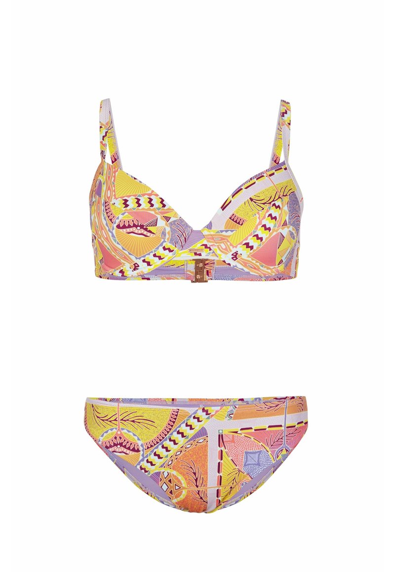 Buntes Bikini-Set mit einem gemusterten Bralette mit verstellbaren Trägern und Verschluss sowie einer passenden Unterhose, beide in Gelb-, Pink- und lila Tönen.