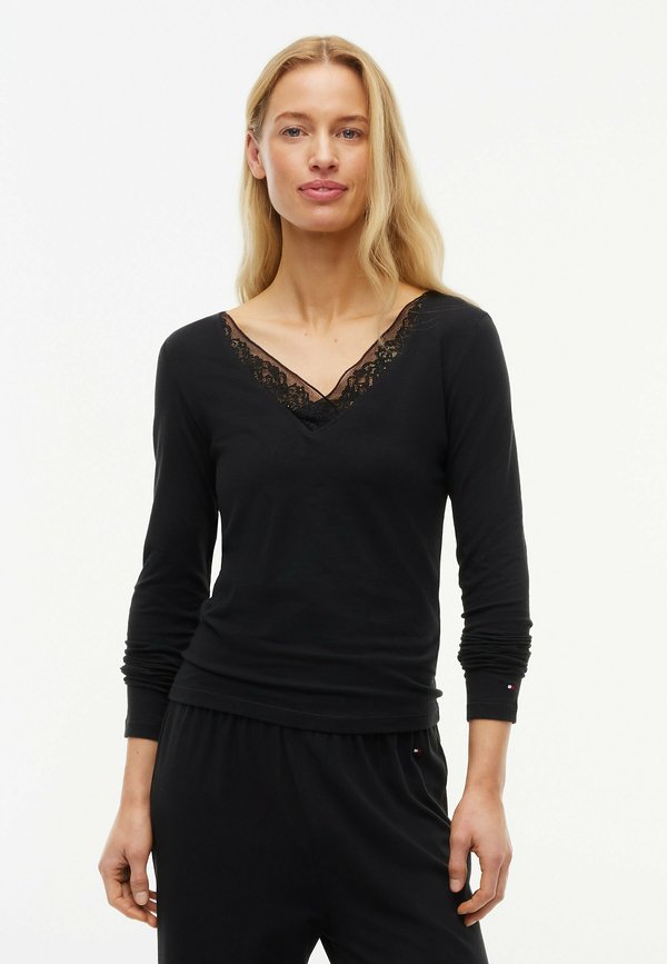 Tommy Hilfiger TOMMY HILFIGER LACE TRIM LONG SLEEVE LOUNGE TOP - Pyjama top - black