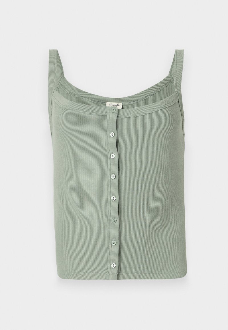 Grünes geripptes Tanktop mit dünnen Trägern und geradem Ausschnitt, ausgestattet mit einer Knopfleiste an der Vorderseite und einer taillierten Passform.