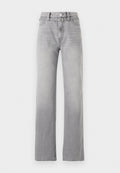 Helle graue Denim-Jeans mit hoher Taille, geradem Bein Design, dezenten Ausbleichungen und klassischem Fünf-Taschen-Stil. Metallknopf und Reißverschluss.