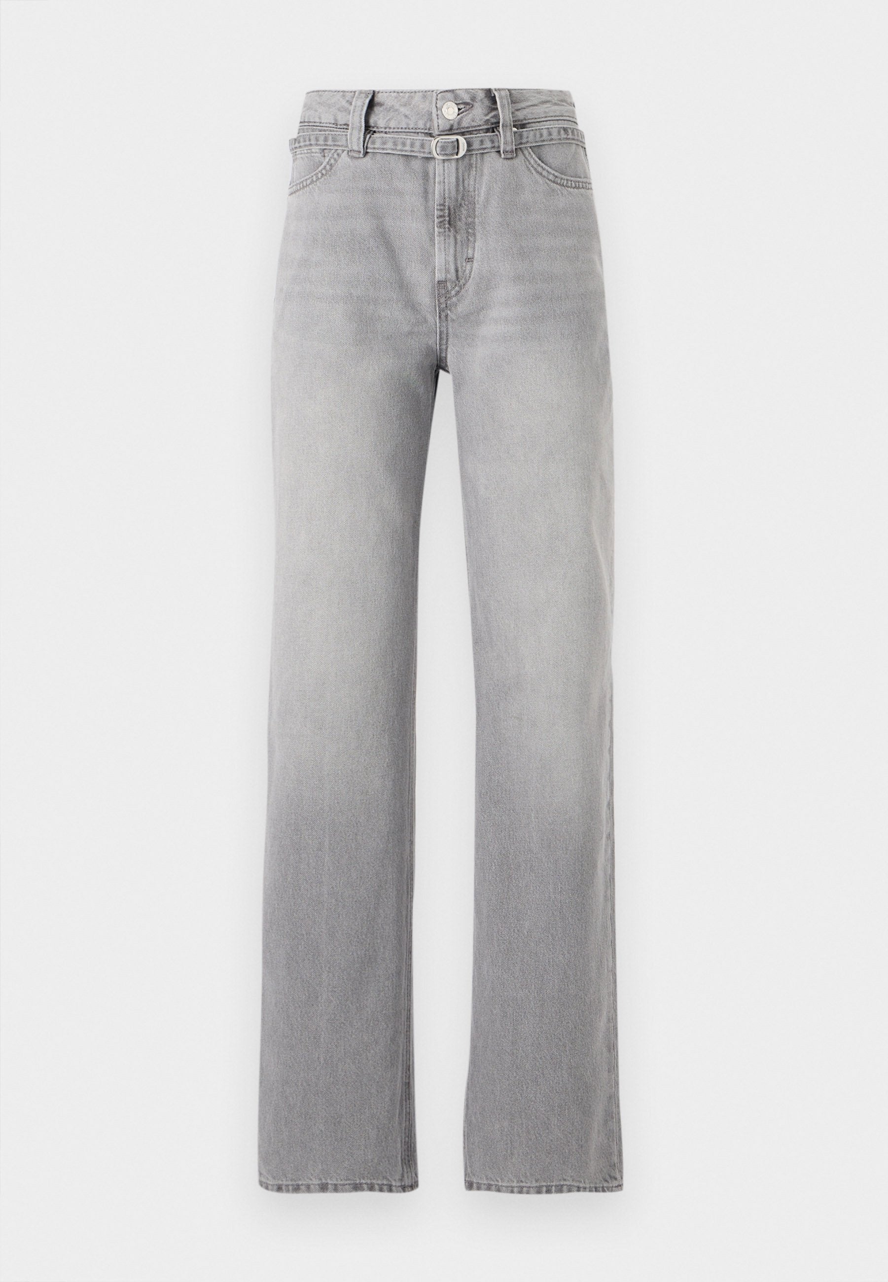 Helle graue Denim-Jeans mit hoher Taille, geradem Bein Design, dezenten Ausbleichungen und klassischem Fünf-Taschen-Stil. Metallknopf und Reißverschluss.