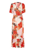 Blumen-Wickelkleid aus leichtem Stoff. Mit kurzen Ärmeln, V-Ausschnitt und Rüsche am Saum. Dominierende Farben sind Rot, Pink und Beige.