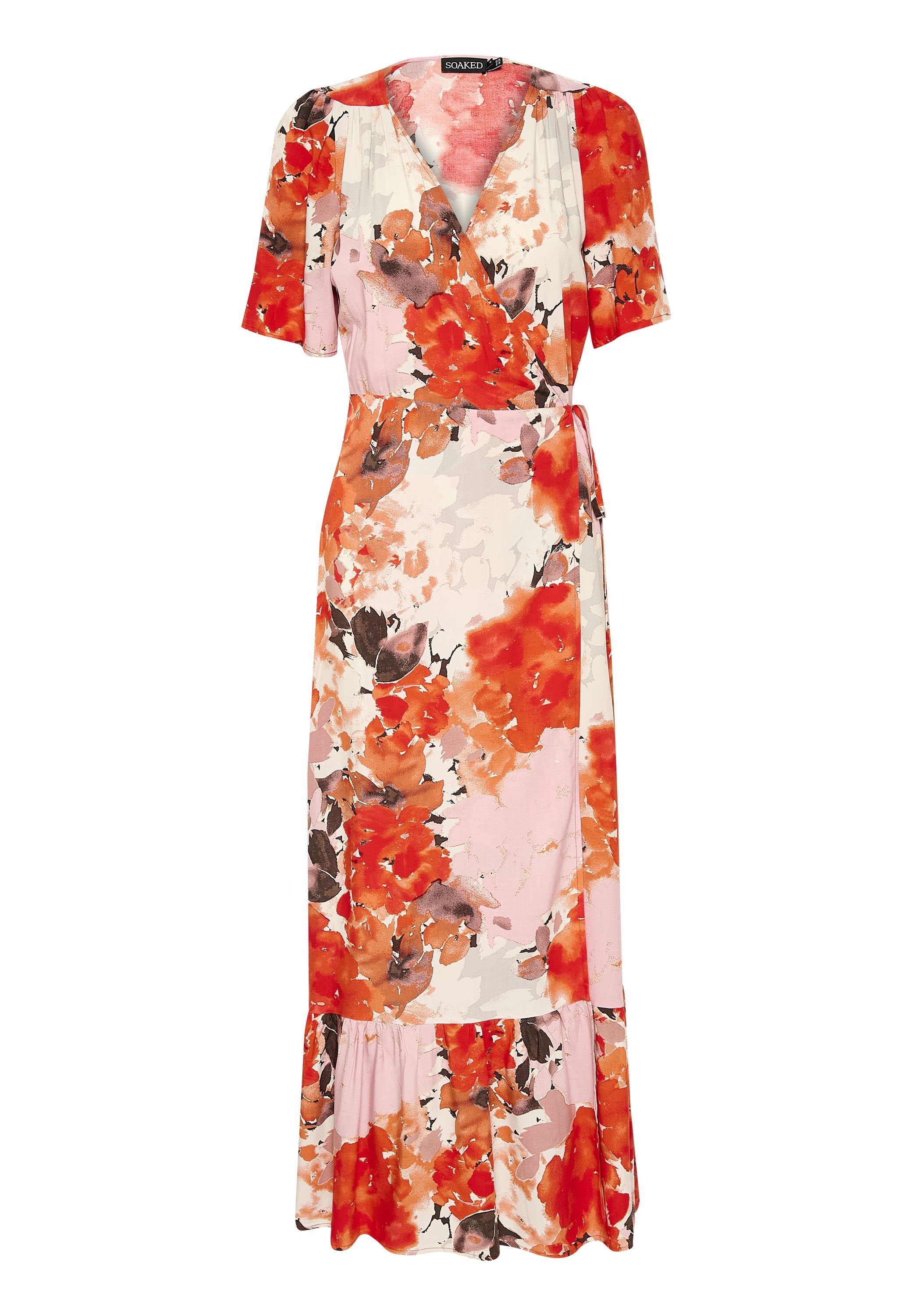 Blumen-Wickelkleid aus leichtem Stoff. Mit kurzen Ärmeln, V-Ausschnitt und Rüsche am Saum. Dominierende Farben sind Rot, Pink und Beige.