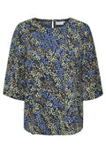 Blumenbluse in Marineblau, mit Blumenmustern in Blau, Grün und Braun. Rundhalsausschnitt mit einem Schlitz im Rücken und weiten Ärmeln.