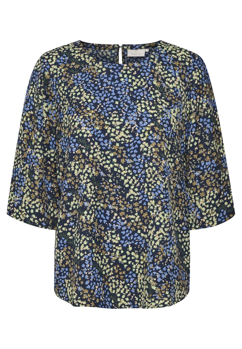 Blumenbluse in Marineblau, mit Blumenmustern in Blau, Grün und Braun. Rundhalsausschnitt mit einem Schlitz im Rücken und weiten Ärmeln.