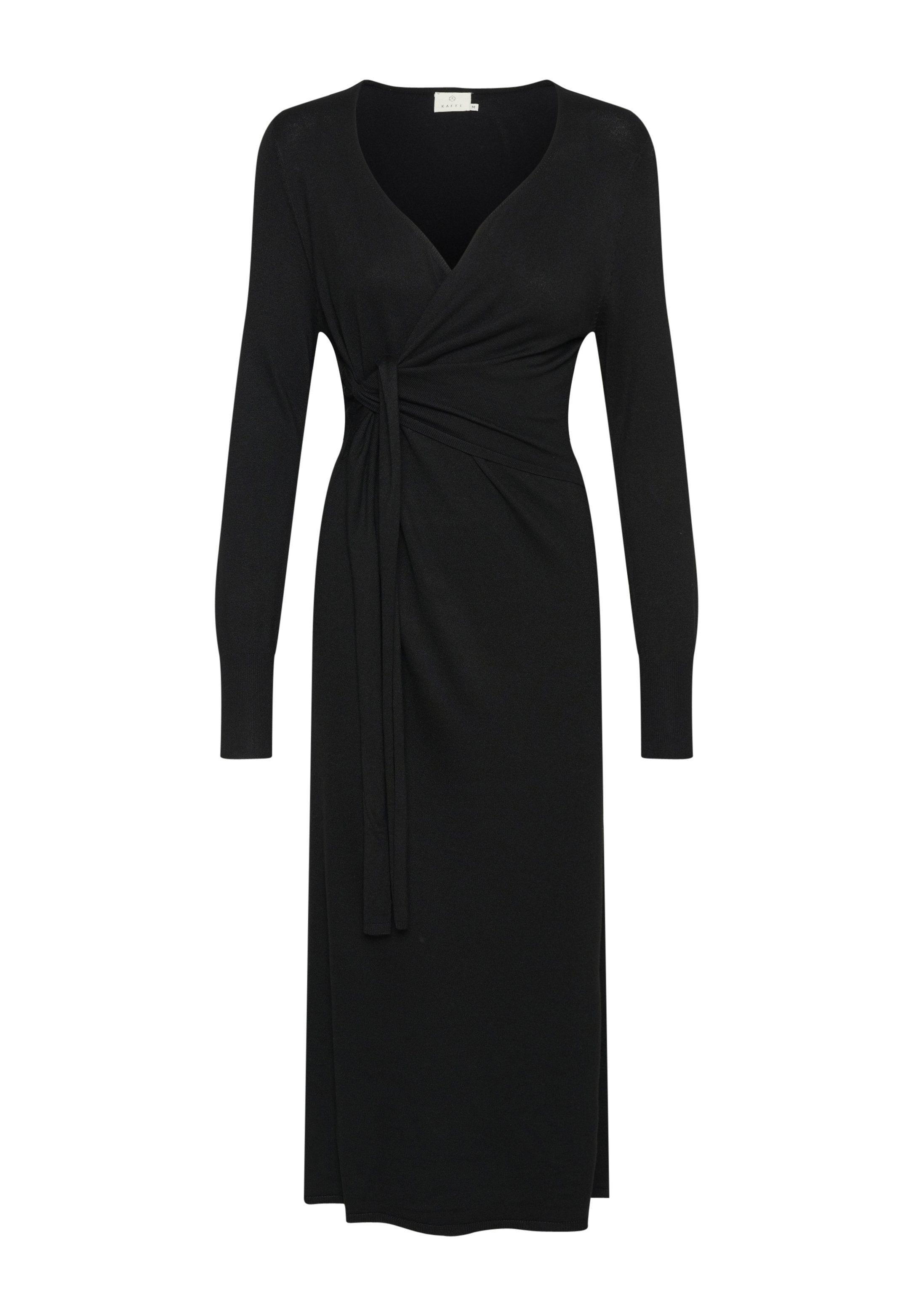 Schwarzes langärmliges Kleid mit V-Ausschnitt, Wickeldesign und Bindebanddetails an der Taille. Hergestellt aus einem weichen, dehnbaren Stoff mit einer Midi-Länge.