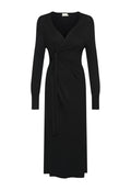 Schwarzes langärmliges Kleid mit V-Ausschnitt, Wickeldesign und Bindebanddetails an der Taille. Hergestellt aus einem weichen, dehnbaren Stoff mit einer Midi-Länge.