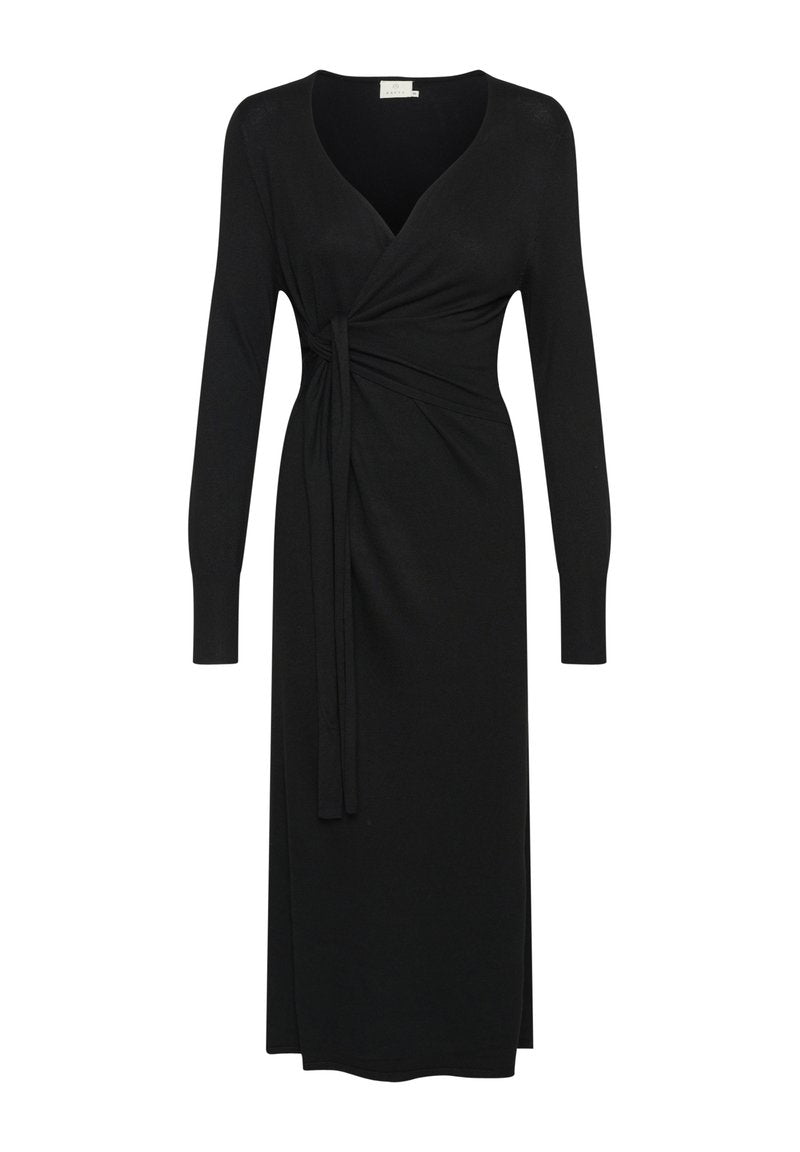 Schwarzes langärmliges Kleid mit V-Ausschnitt, Wickeldesign und Bindebanddetails an der Taille. Hergestellt aus einem weichen, dehnbaren Stoff mit einer Midi-Länge.