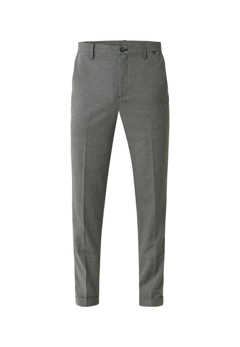 Grau karierte Hose mit tailliertem Design, aus strukturiertem Material, mit einem Bund und Knopfverschluss sowie umgeschlagenen Säumen.