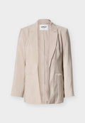 Beige Damenblazer mit langen Ärmeln, Reverskragen mit Ausschnitt, zwei vorderen Taschen und einem Etikett mit der Aufschrift "ONLY" im Kragen.