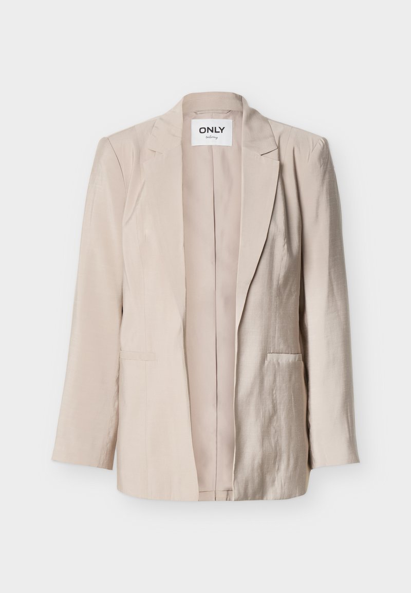Beige Damenblazer mit langen Ärmeln, Reverskragen mit Ausschnitt, zwei vorderen Taschen und einem Etikett mit der Aufschrift "ONLY" im Kragen.